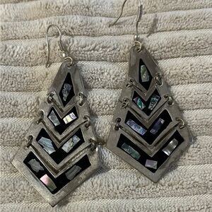 Sterling Silver, Onyx Geometric Abalone Inlay Drop Earrings